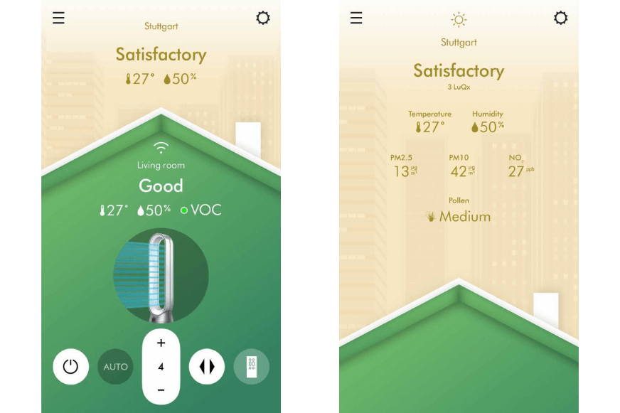 Показатели качества воздуха в доме и месте проживания, измеренные очистителем воздуха и башенным вентилятором Purifier Cool Formaldehyd, отображаются в приложении Dyson Link.